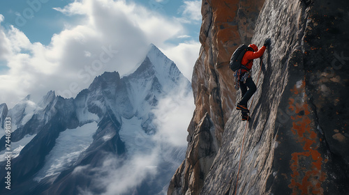 Um escalador desafiado pela natureza lutando contra o vento e o terreno em busca da superação e novas possibilidades