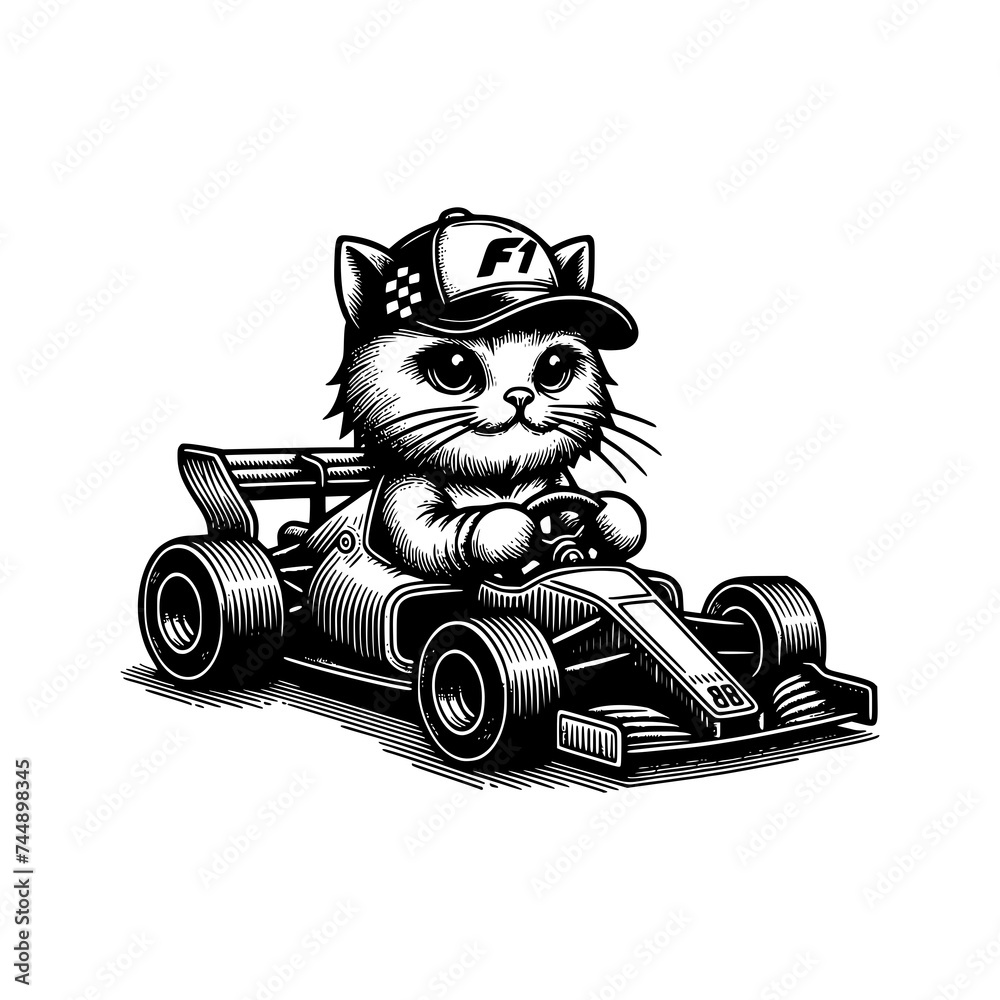 cat wear cap riding racer car hand drawn art style vector illustration