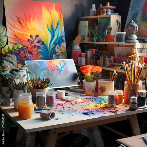 A creative workspace with colorful art supplies.