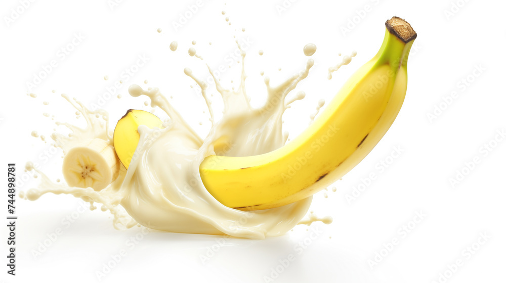 Ripe Banana with Explosive Milk Splash, High-Speed Photography, Healthy Food on White