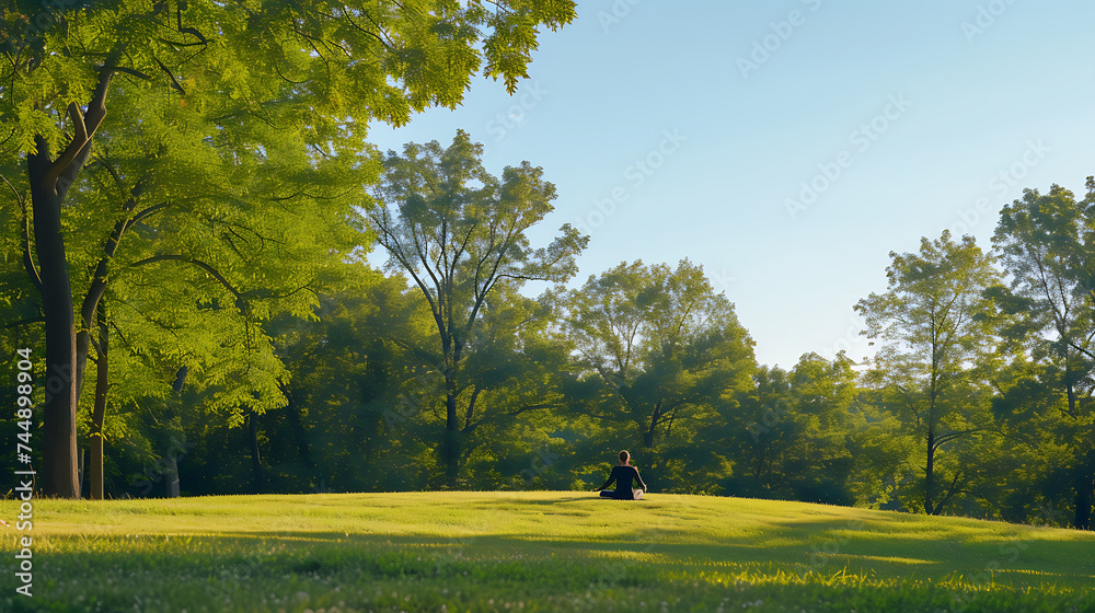 Praticando yoga em harmonia com a natureza cercado por árvores altas e um céu sereno