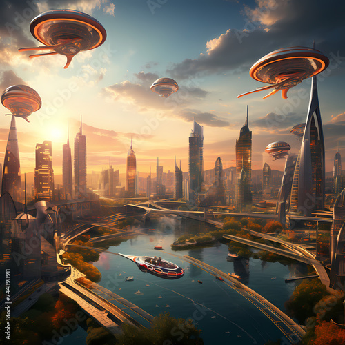 A futuristic cityscape at sunset with flying cars. 