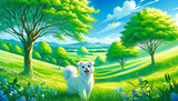 新緑の草原と青空と犬