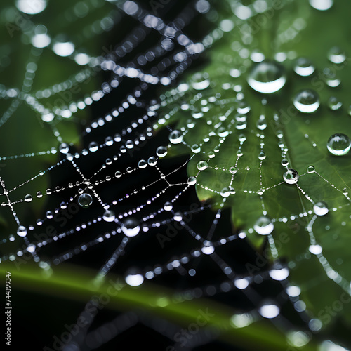 A macro shot of water droplets on a spiders web. © Cao