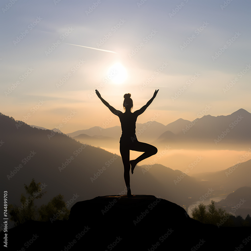 A silhouette of a person practicing yoga on a mountain