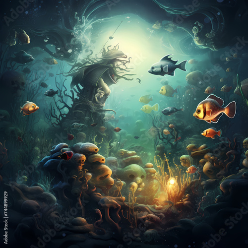 A surreal underwater scene with mermaids and sea creatures