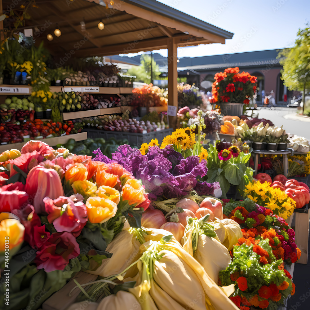 A vibrant farmers' market with fresh produce and flowers.