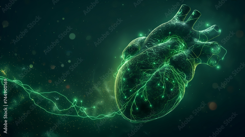 Ethereal Green Heart with ECG Pulse Illustration - obrazy, fototapety, plakaty 