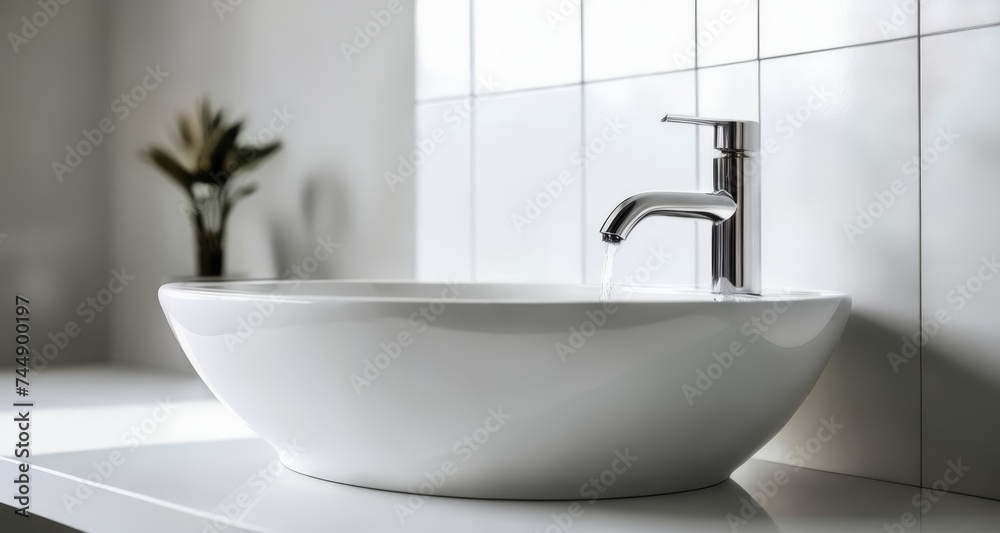 Modern elegance - A pristine white bowl sink with a sleek faucet Modern elegance - A pristine white bowl sink with a sleek faucet