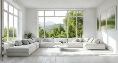  Modern living room with floor-to-ceiling windows and a serene view