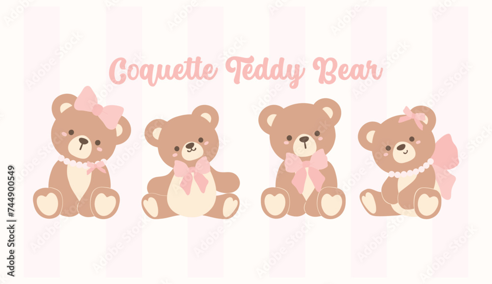 Group of 4 Cute Coquette Teddy Bear Friends. Whimsical Cartoon for Kids and Design. Group of 4 Cute Coquette Teddy Bear Friends. Whimsical Cartoon for Kids and Design.