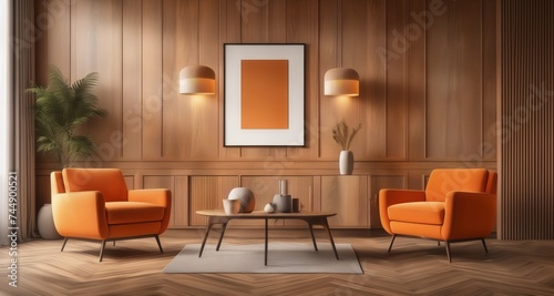 Modern Living Room with Wood Paneling and Orange Accents