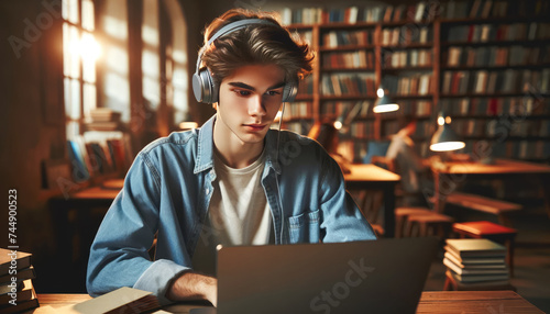 Boy Enjoying Music While Studying at Home