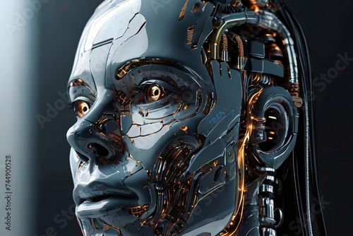 Discover an abstract digital cyborg face, embodying artificial intelligence and future head data network technology. Futuristic and innovative concept.