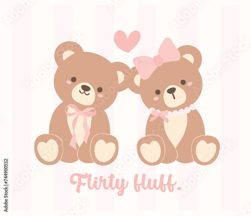 Cute Coquette Teddy Bear couple with Pink Ribbon Bow, Adorable Illustration © Natsicha