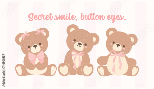 Cute Coquette Teddy Bear trio with Pink Ribbon Bow, Adorable Illustration