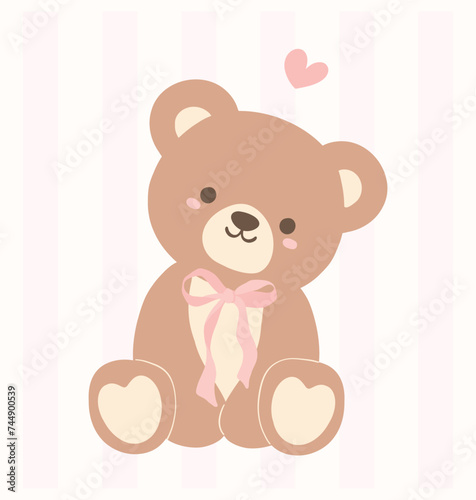Cute Coquette Teddy Bear with Pink Ribbon Bow Adorable Illustration