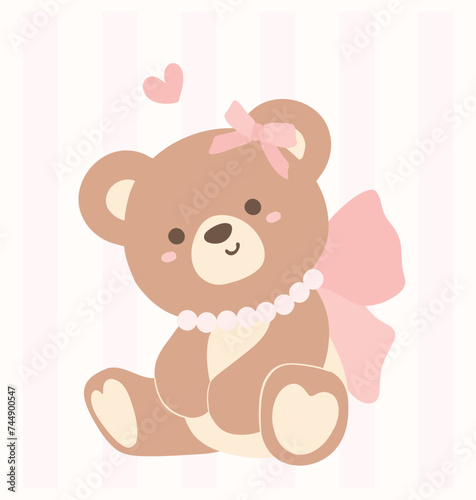 Cute Coquette Teddy Bear with Pink Ribbon Bow Adorable Illustration