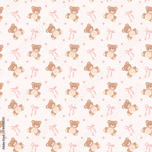 Fototapeta Naklejka Na Ścianę i Meble -  Coquette Teddy Bear with Pink Ribbon Bow Pattern. Seamless Isolated on Light Pink Background