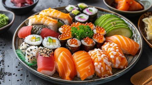 various japanese food sushi rolls on the plate