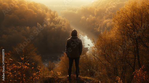 Contemplação outonal A pessoa observa o vale dourado entre árvores tingidas pelas cores do outono photo