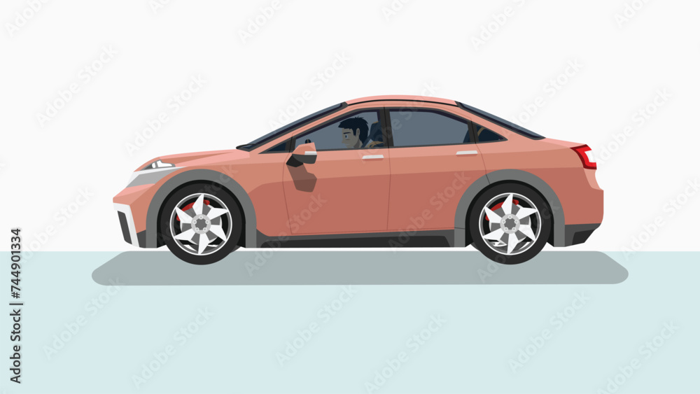 Concept vector illustration of detailed side of a flat soft red sedan car. with shadow of car. can view interior of car with driving man. Isolated two tone background.