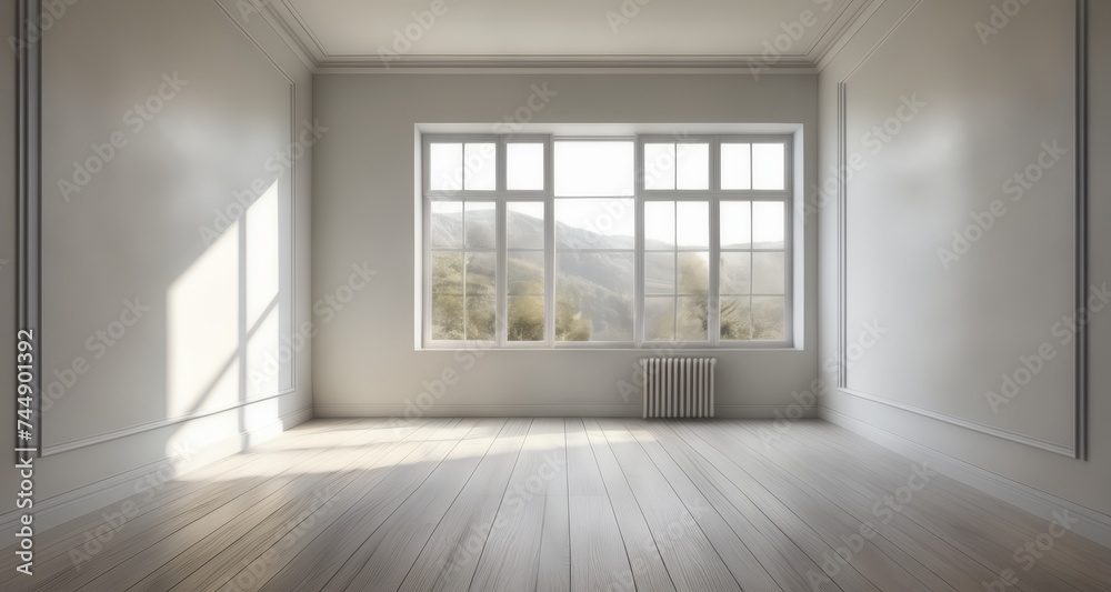 Obraz premium Empty room with large windows and mountain view