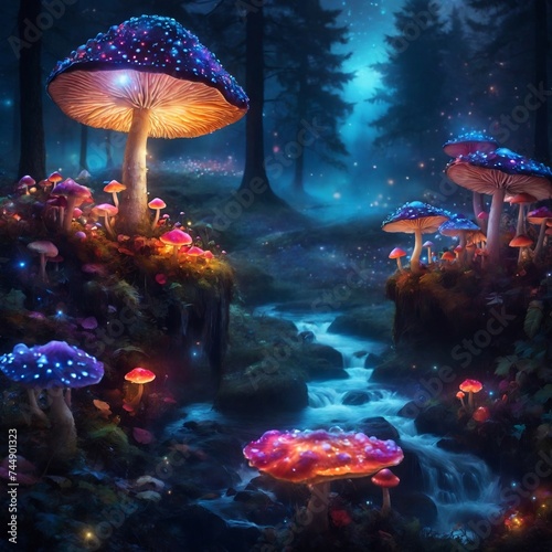 mysterious magic mashrooms  with beautiful color and light near the water in the woods photo