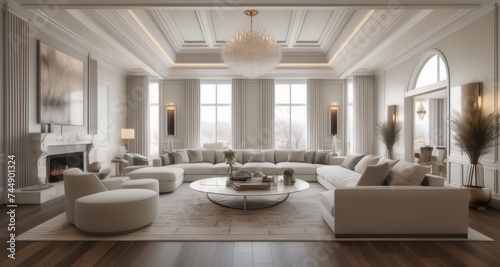 Elegant living room with modern furnishings and chandelier