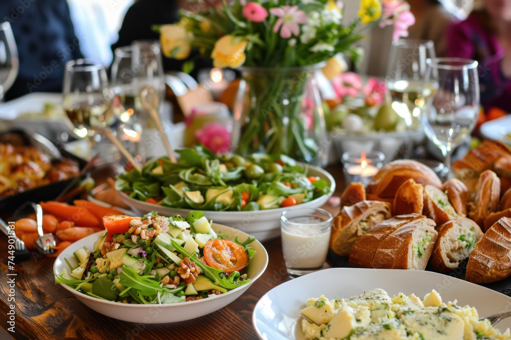 Elegant Family Dinner Setting with a Variety of Fresh Salads, Artisan Breads, and Wine