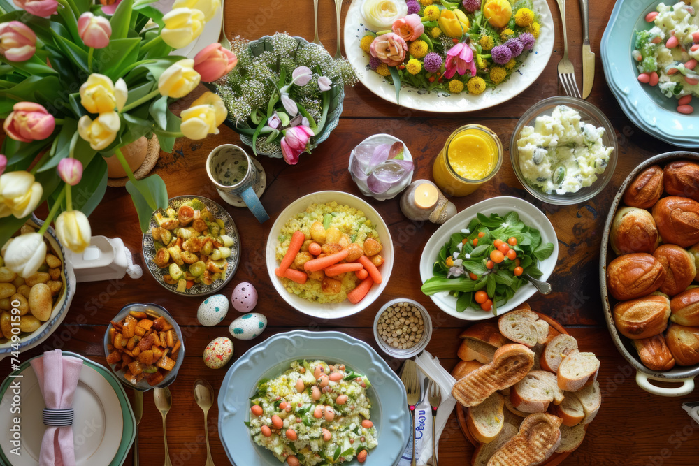 Easter Feast Awaits: A Table Laden with Traditional Dishes and Spring Flowers
