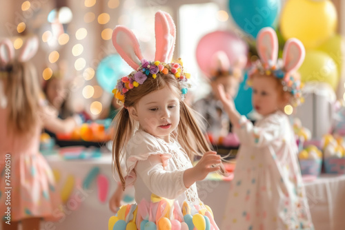 Enchanted Easter Party: Little Girl with Bunny Ears and Floral Crown Enjoying Festivities