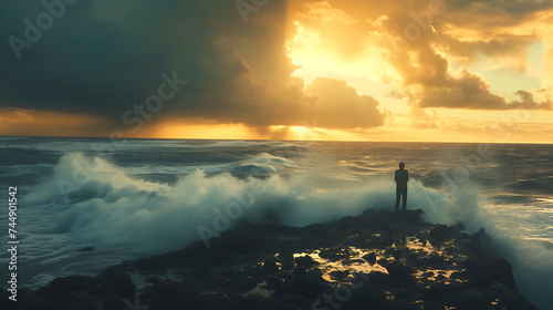 Uma pessoa diante da imensidão do oceano entre a tempestade e a calmaria buscando esperança no horizonte