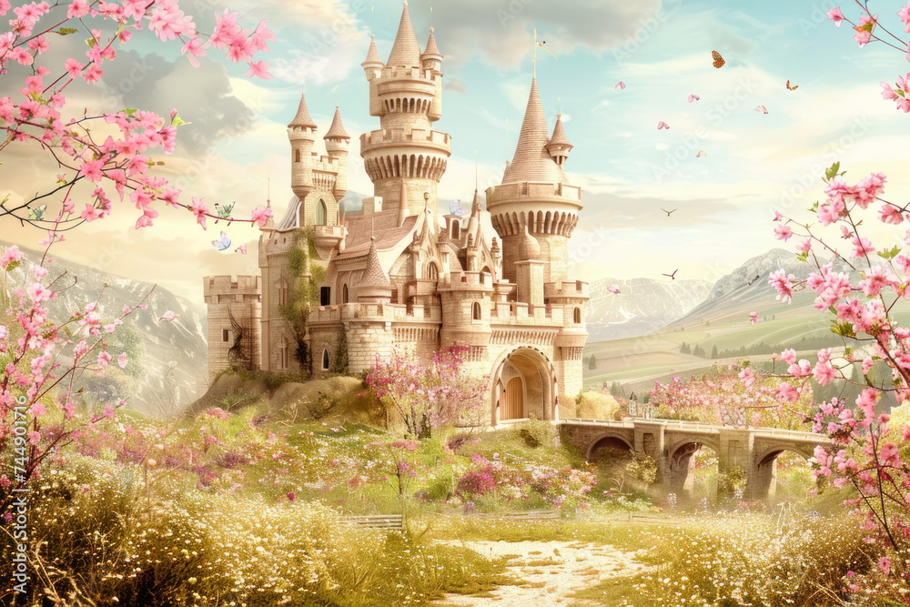 Enchanted Springtime Castle Amidst Blossoming Cherry Trees in a Fairytale Landscape