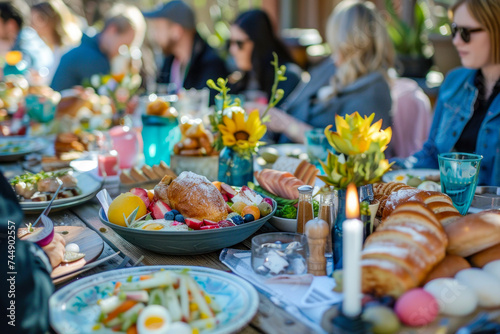 Sunny Outdoor Brunch with Friends at a Decorated Table