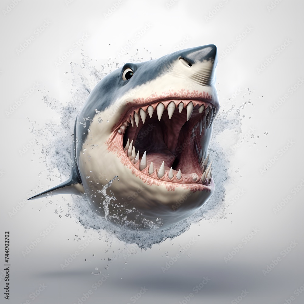 A formidable shark bursts aggressively through water, baring sharp teeth. The image captures the raw power and primal ferocity of this majestic marine predator.