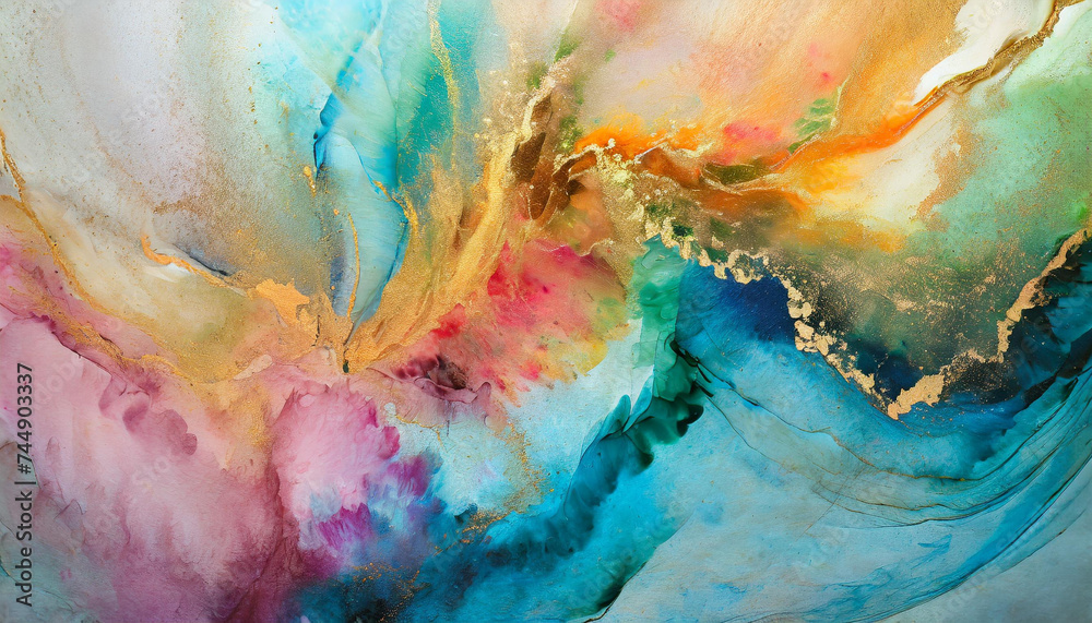  Currents of translucent hues, snaking metallic swirls, and foamy sprays of color shape the landscape of these free-flowing textures. Natural luxury abstract fluid art painting in alcohol ink techniq - obrazy, fototapety, plakaty 