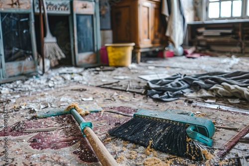 An old living room filled with dust and debris, in the style of selective focus, painting and writing tools, grit and grain.
