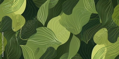 Intricate leaf silhouettes with detailed vein patterns on a dark green background, highlighting eco-design.