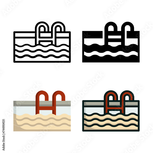 Swimming Pool icon set style collection in line, solid, flat, flat line style on white background