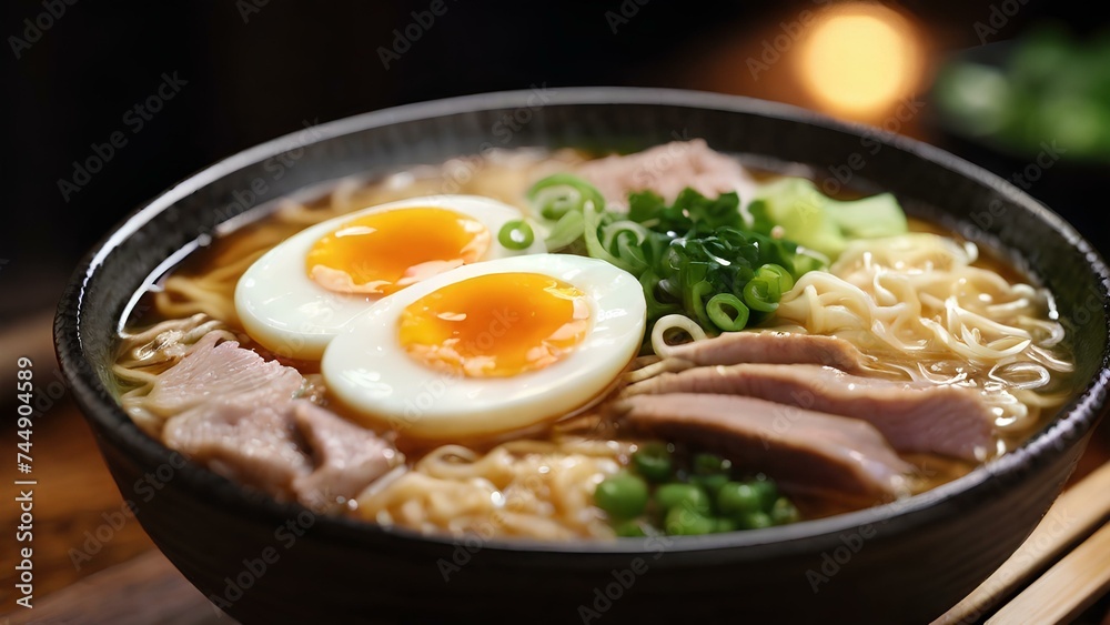 A close-up of a steaming bowl of ramen with noodles, pork, egg, and scallions. The broth is rich and flavorful, and the ingredients are fresh and colorful.  