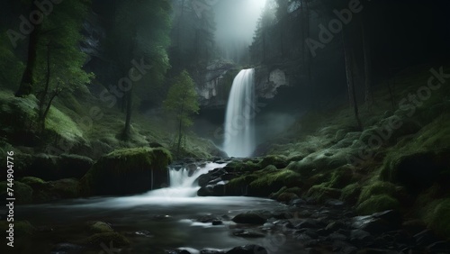 A long-exposure shot of a waterfall and a forest. The waterfall is white and smooth, and it creates a mist around it. The forest is green and dense, and it has some rocks and moss on it. © Tri