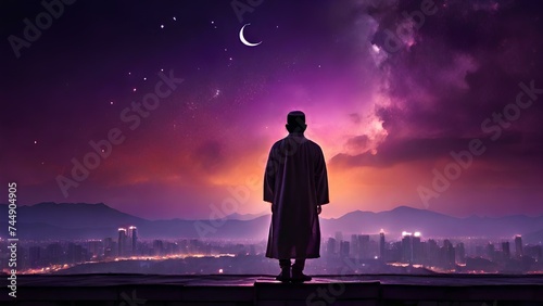 A silhouette of a Muslim man standing on a rooftop and looking at the crescent moon on the beautiful night sky