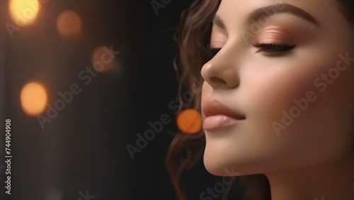 Beautiful woman’s cheek wearing a peach blush. The blush adds a warm glow to her skin and enhances her cheekbones.