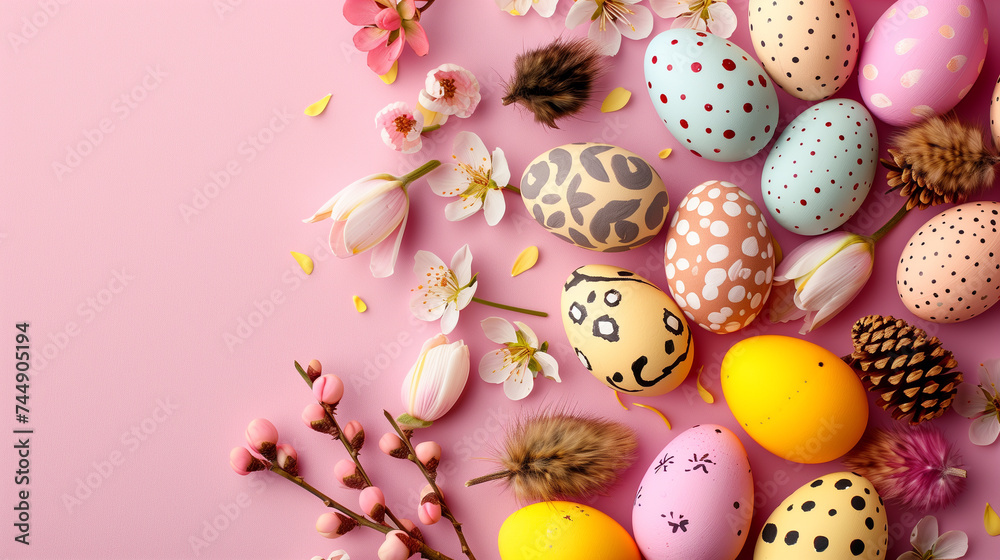 Happy Easter. Horizontal banner, colorful eggs on pin background,