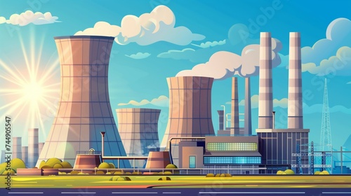 Colorful Cartoon Industrial Power Plant Emitting Smoke: Environmental Impact and Climate Change, Global Warming, environment concept