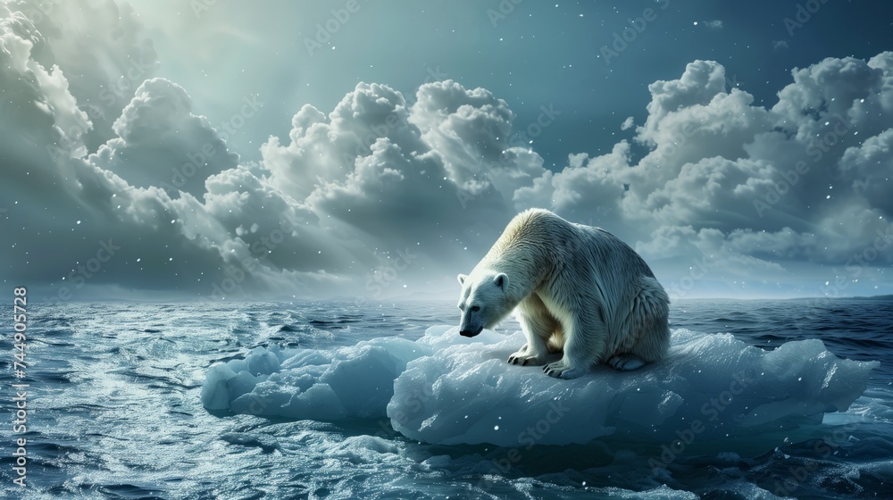 Melting Glacier Worries: Concerned Polar Bear on a Melting Ice Floe Amid Global Warming, Global Warming, environment concept, earth day