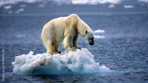 Melting Glacier Worries: Concerned Polar Bear on a Melting Ice Floe Amid Global Warming, Global Warming, environment concept