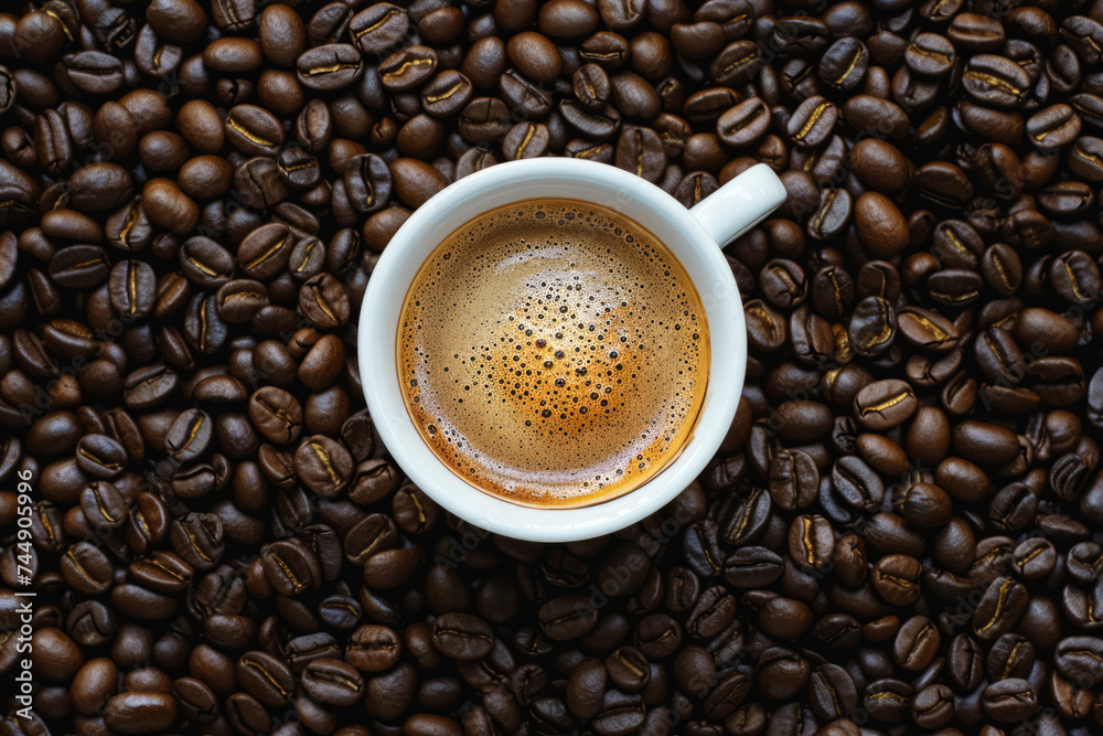 Fototapeta premium Top view of a fresh cup of coffee on a bed of roasted beans