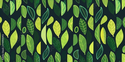 Seamless pattern of stylized green leaves on a dark background, creating a natural and eco-friendly design.